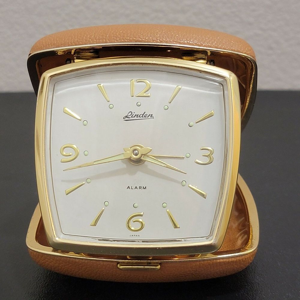 Vintage Linden Tan Clam Shell Leather Case Wind Up Travel Alarm Clock MCM Japan - Picture 2 of 12